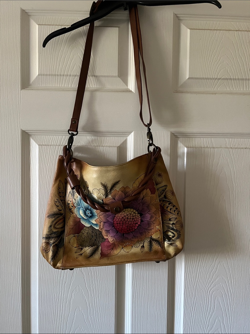 Anuschka Gold Hand-Painted Floral Shoulder Bag with Brown Strap